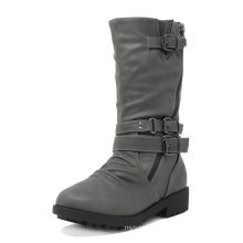 Factory Wholesale Women Buckle Zipper Grey black Brown Knee High Winter Wide Calf Boots